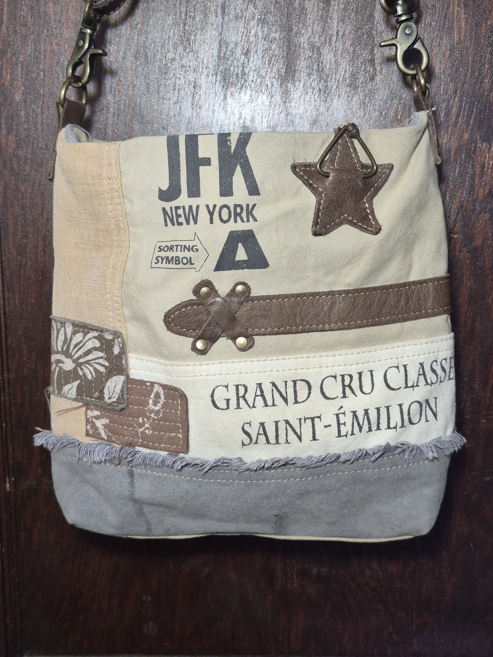 Myra Bag Patchwork Canvas Messenger in Brown, Cream, Gray